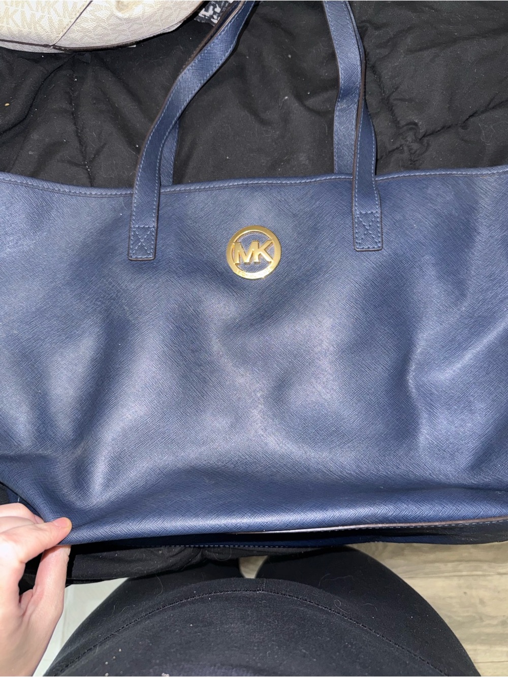 Michael Kors Navy Saffiano Tote with Gold MK Emblem